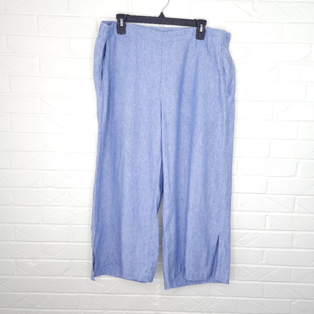 J. Jill Love Linen Denim Blue Linen Cropped Wide Leg Pants Side Zip L